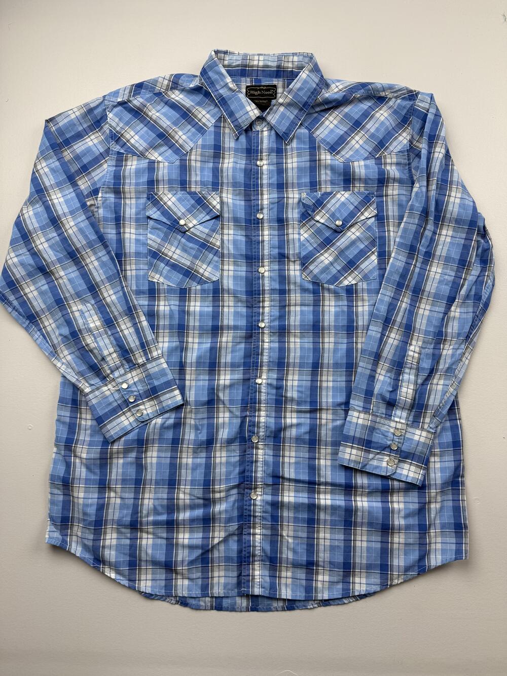 High Noon Shirt Mens XLT Blue Plaid Long Sleeve Western Snap Button Up Big Tall